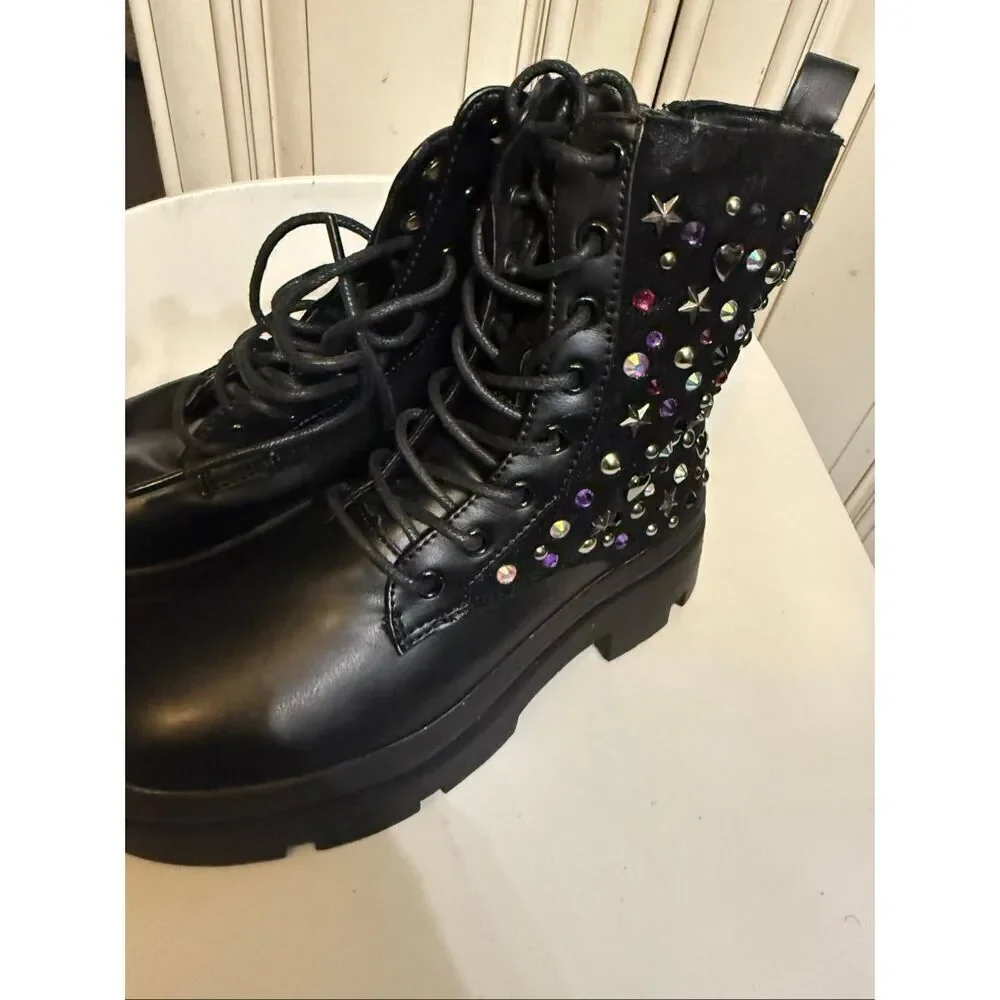 Steve Madden Kids' JKrissen Glitter Stud Embellished Combat Boots Black Size 2